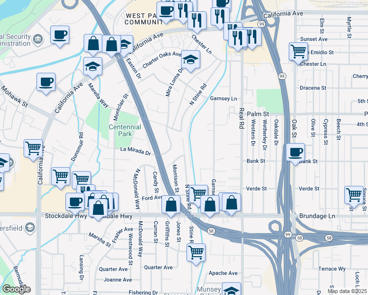 map of restaurants, bars, coffee shops, grocery stores, and more near 223 North Stine Road in Bakersfield
