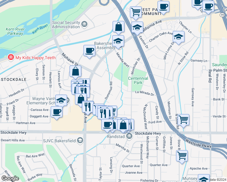 map of restaurants, bars, coffee shops, grocery stores, and more near 5101 La Mirada Drive in Bakersfield