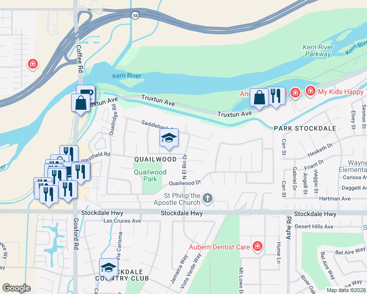 map of restaurants, bars, coffee shops, grocery stores, and more near 625 Purdy Court in Bakersfield