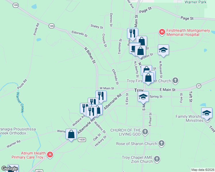 map of restaurants, bars, coffee shops, grocery stores, and more near 127 Nance Street in Troy