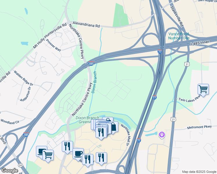 map of restaurants, bars, coffee shops, grocery stores, and more near 10903 Northlake Centre Parkway in Charlotte