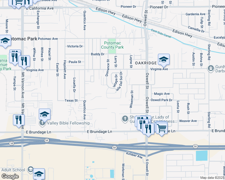map of restaurants, bars, coffee shops, grocery stores, and more near 108 Dorrance Street in Bakersfield