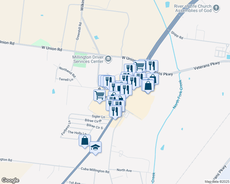 map of restaurants, bars, coffee shops, grocery stores, and more near 8558 Blue Creek Circle in Millington