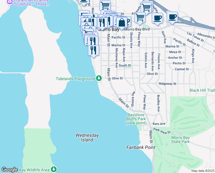 map of restaurants, bars, coffee shops, grocery stores, and more near 337 Main Street in Morro Bay
