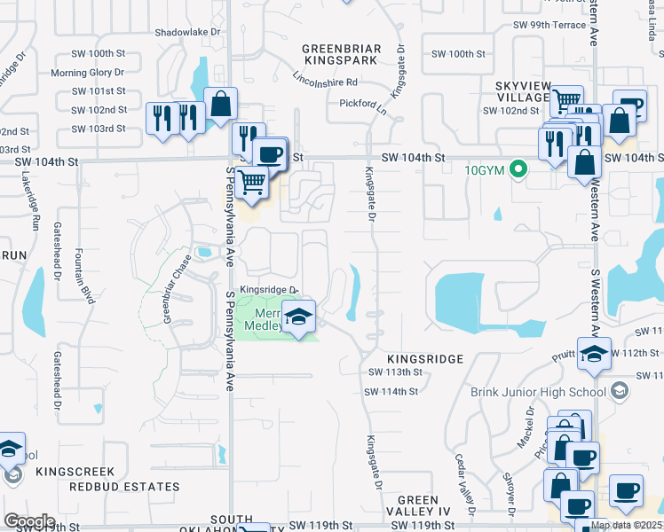 map of restaurants, bars, coffee shops, grocery stores, and more near 11109 Lake Park Drive in Oklahoma City