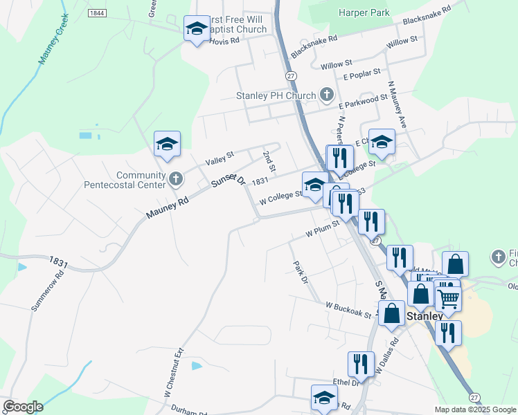 map of restaurants, bars, coffee shops, grocery stores, and more near 148 West College Street in Stanley