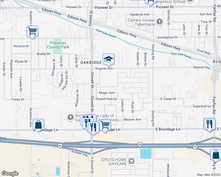 map of restaurants, bars, coffee shops, grocery stores, and more near 5108 Canyon Peak Drive in Bakersfield
