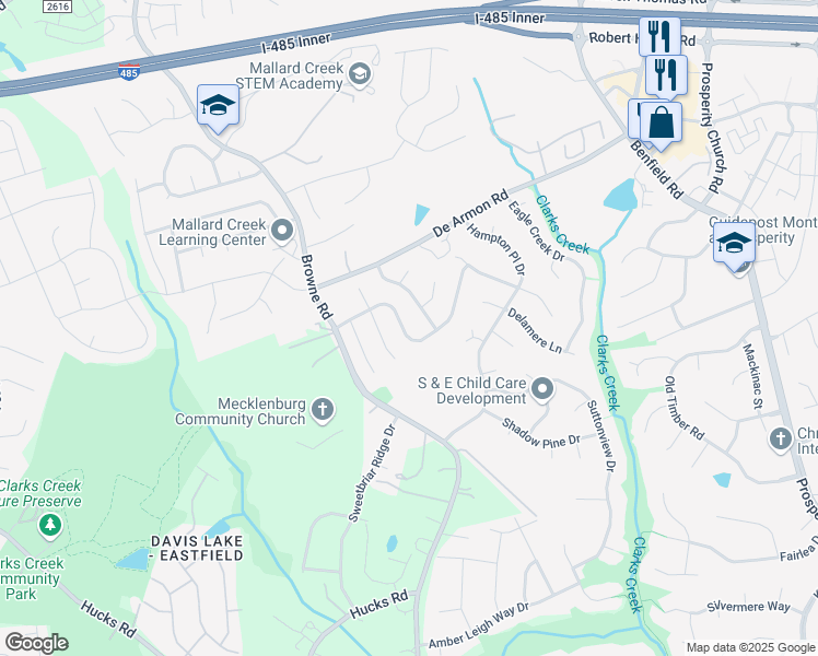 map of restaurants, bars, coffee shops, grocery stores, and more near 12005 Brownestone View Drive in Charlotte