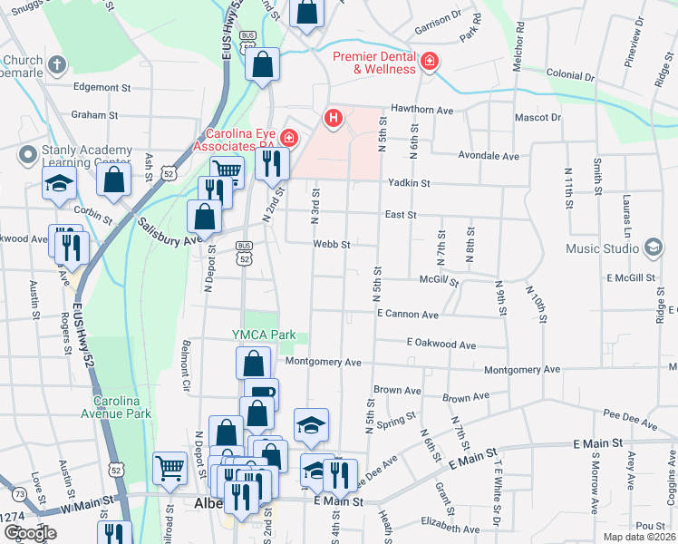 map of restaurants, bars, coffee shops, grocery stores, and more near 617 North 4th Street in Albemarle