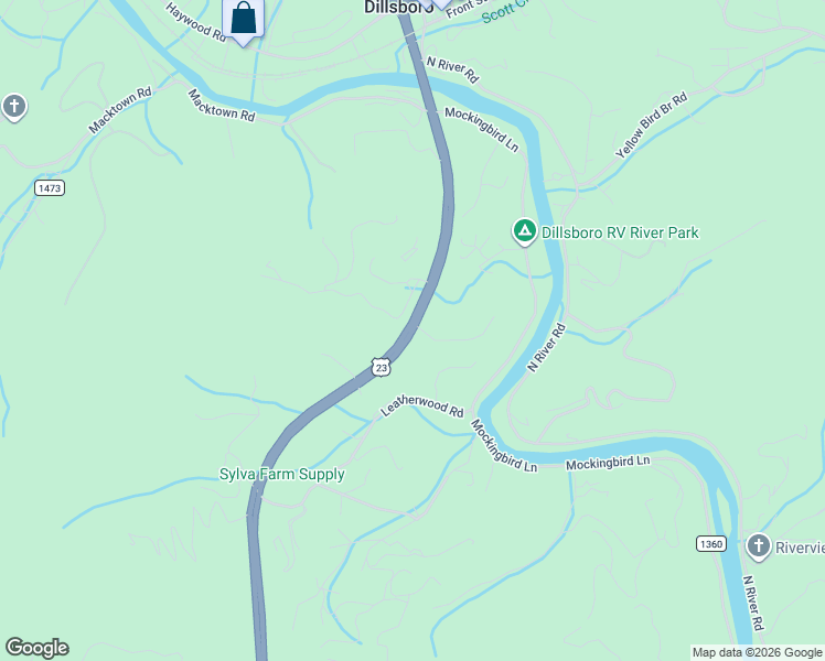 map of restaurants, bars, coffee shops, grocery stores, and more near 7 Ashland Drive in Sylva