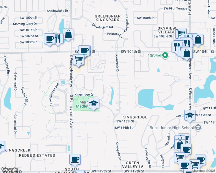 map of restaurants, bars, coffee shops, grocery stores, and more near 1348 Southwest 109th Place in Oklahoma City