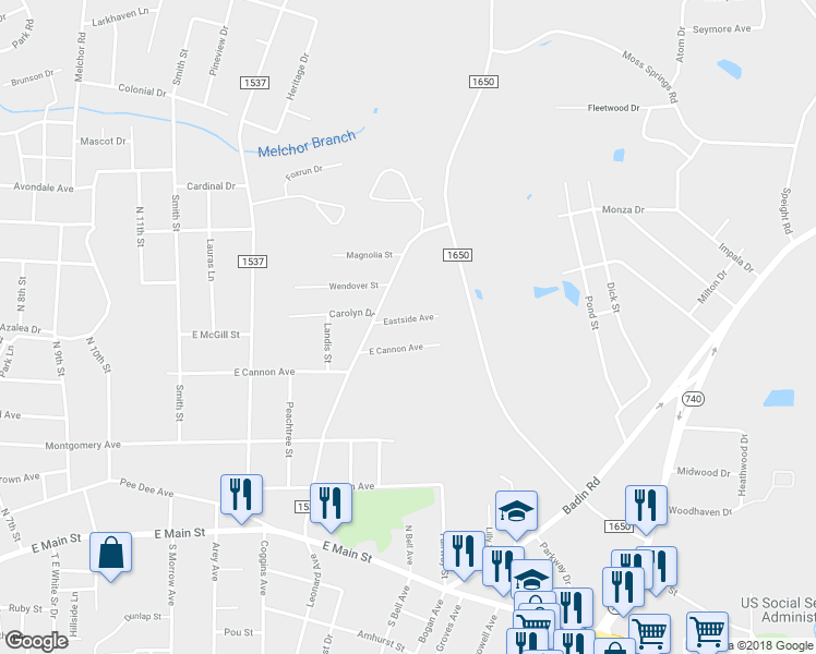 map of restaurants, bars, coffee shops, grocery stores, and more near 1328 Eastside Avenue in Albemarle