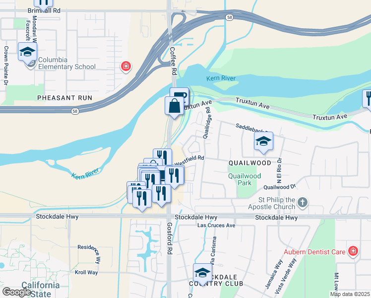 map of restaurants, bars, coffee shops, grocery stores, and more near 705 Deseret Way in Bakersfield