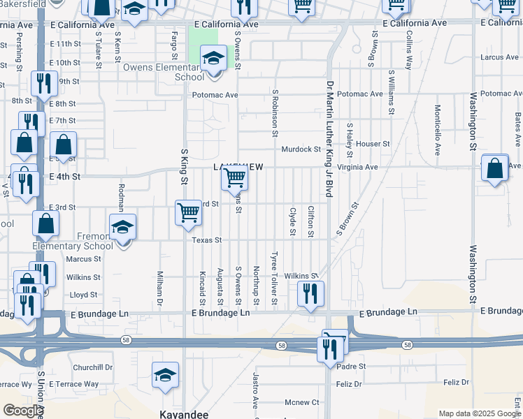 map of restaurants, bars, coffee shops, grocery stores, and more near 302 Tyree Toliver Street in Bakersfield