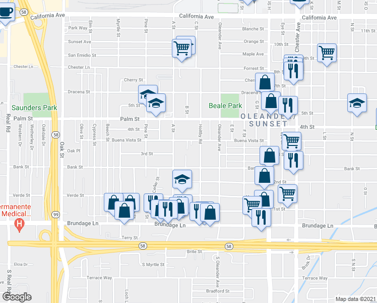 map of restaurants, bars, coffee shops, grocery stores, and more near 2229 Buena Vista Street in Bakersfield