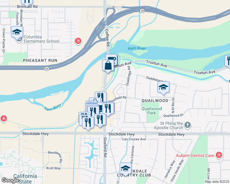 map of restaurants, bars, coffee shops, grocery stores, and more near 705 Deseret Way in Bakersfield