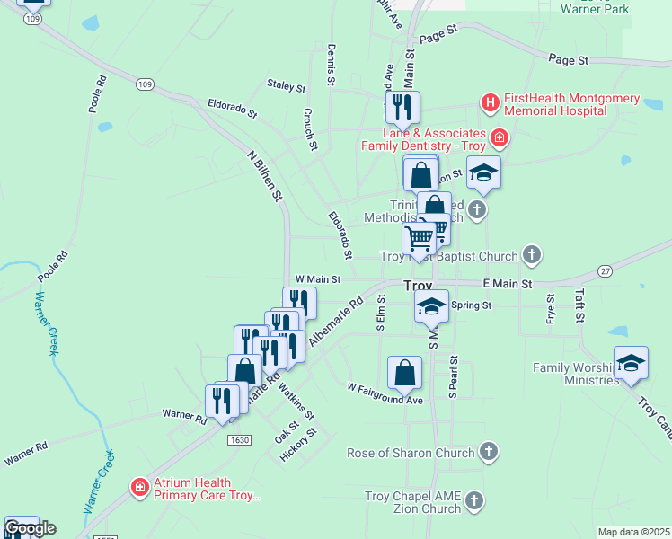 map of restaurants, bars, coffee shops, grocery stores, and more near 127 Nance Street in Troy