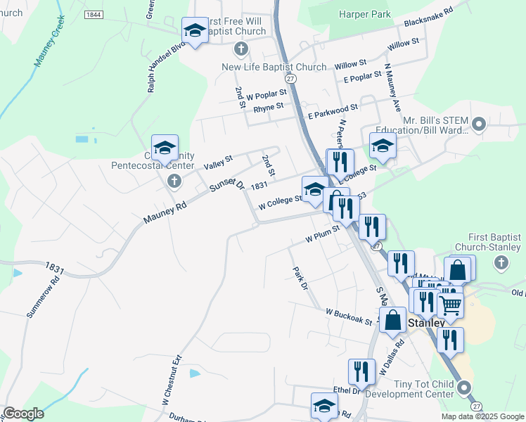 map of restaurants, bars, coffee shops, grocery stores, and more near 148 West College Street in Stanley