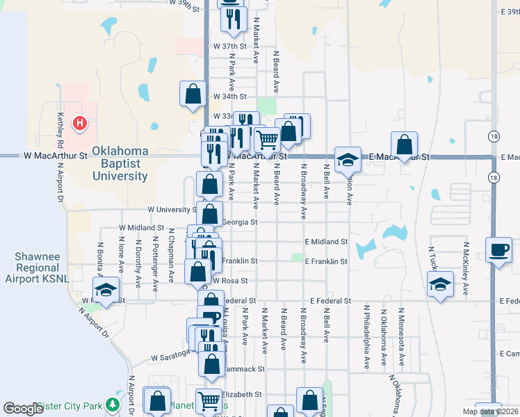 map of restaurants, bars, coffee shops, grocery stores, and more near 208 West Pulaski Street in Shawnee