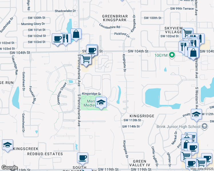 map of restaurants, bars, coffee shops, grocery stores, and more near 11109 Lake Park Drive in Oklahoma City