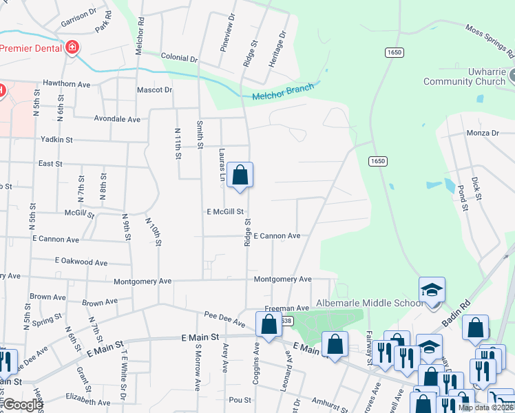 map of restaurants, bars, coffee shops, grocery stores, and more near 634 Ridge Street in Albemarle