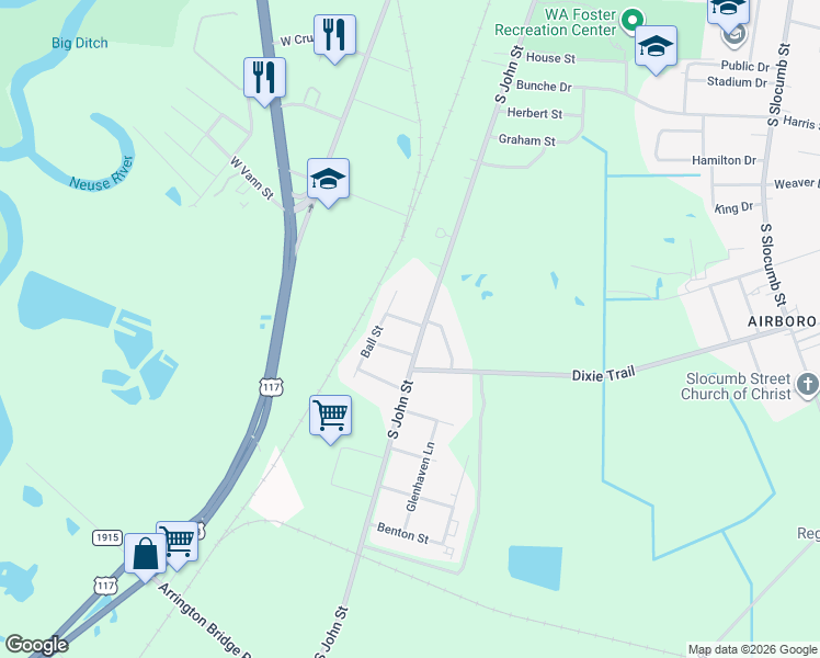 map of restaurants, bars, coffee shops, grocery stores, and more near 105 Head Street in Goldsboro