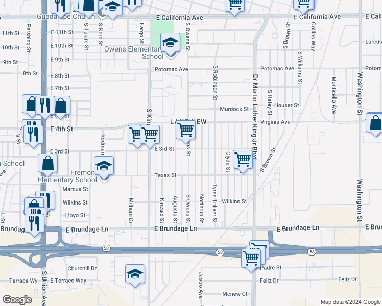 map of restaurants, bars, coffee shops, grocery stores, and more near 225 South Owens Street in Bakersfield