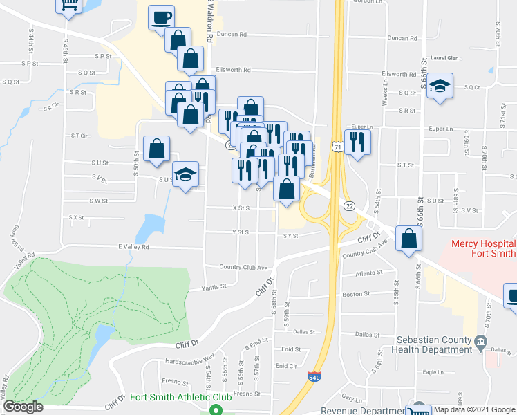 map of restaurants, bars, coffee shops, grocery stores, and more near 2415 South 57th Street in Fort Smith