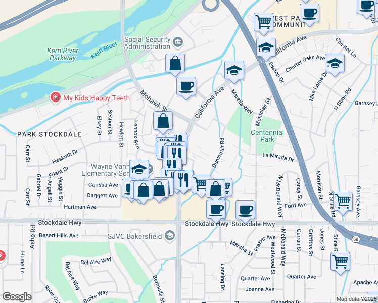 map of restaurants, bars, coffee shops, grocery stores, and more near 5300 California Avenue in Bakersfield