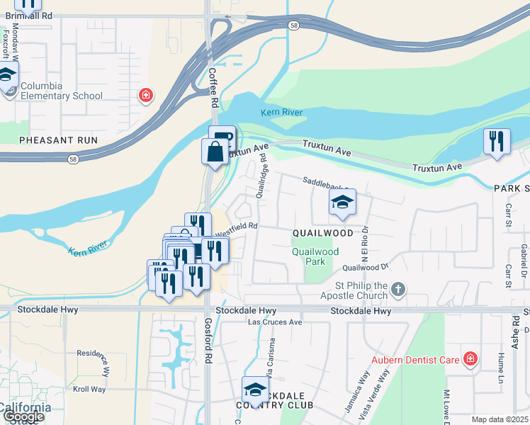 map of restaurants, bars, coffee shops, grocery stores, and more near 608 Quailridge Road in Bakersfield