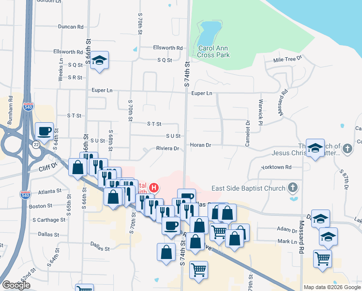 map of restaurants, bars, coffee shops, grocery stores, and more near in Fort Smith