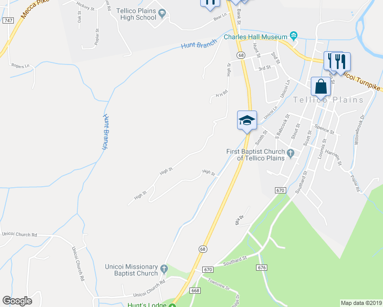 map of restaurants, bars, coffee shops, grocery stores, and more near High Street in Tellico Plains