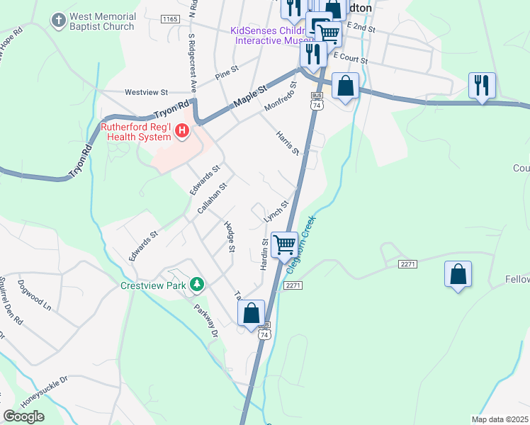 map of restaurants, bars, coffee shops, grocery stores, and more near 134 Cherry Knoll Drive in Rutherfordton
