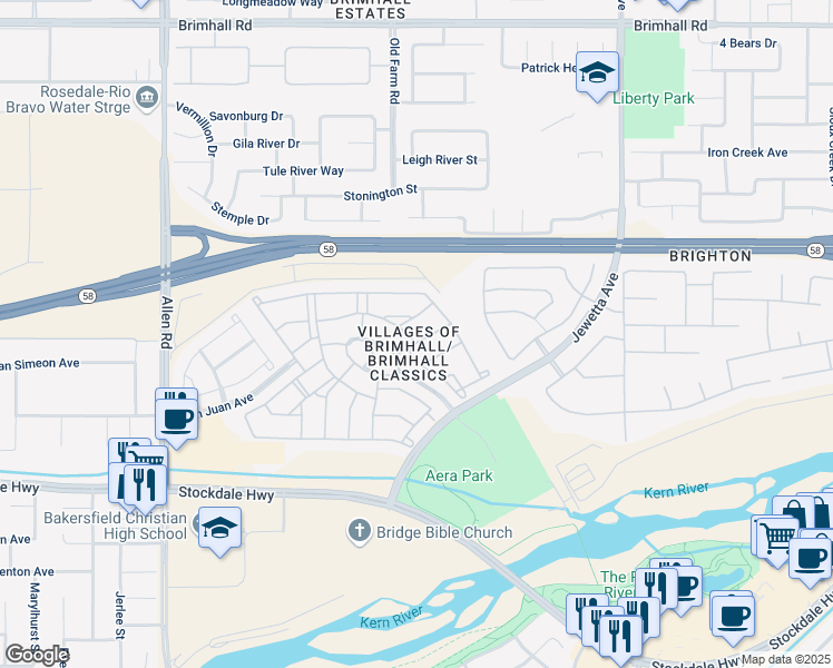 map of restaurants, bars, coffee shops, grocery stores, and more near 206 Cannongate Drive in Bakersfield