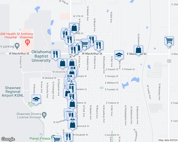 map of restaurants, bars, coffee shops, grocery stores, and more near 2429 North Market Avenue in Shawnee