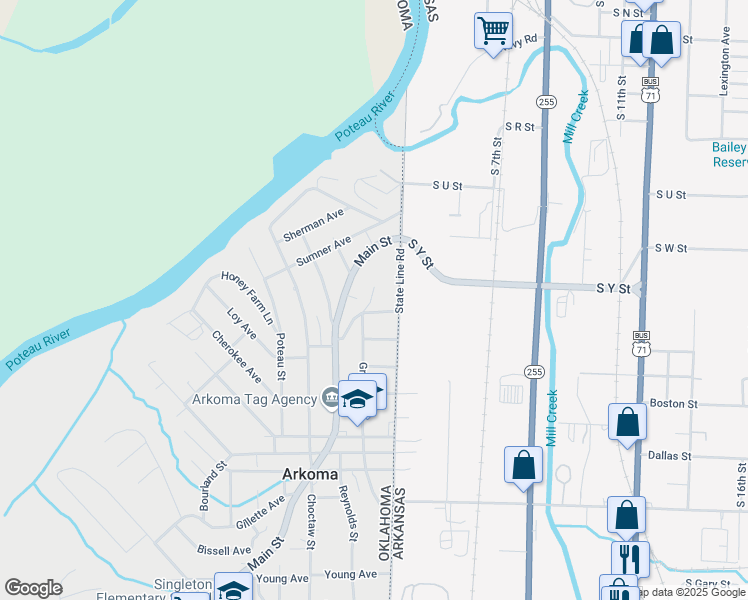 map of restaurants, bars, coffee shops, grocery stores, and more near 417 Texas Street in Arkoma