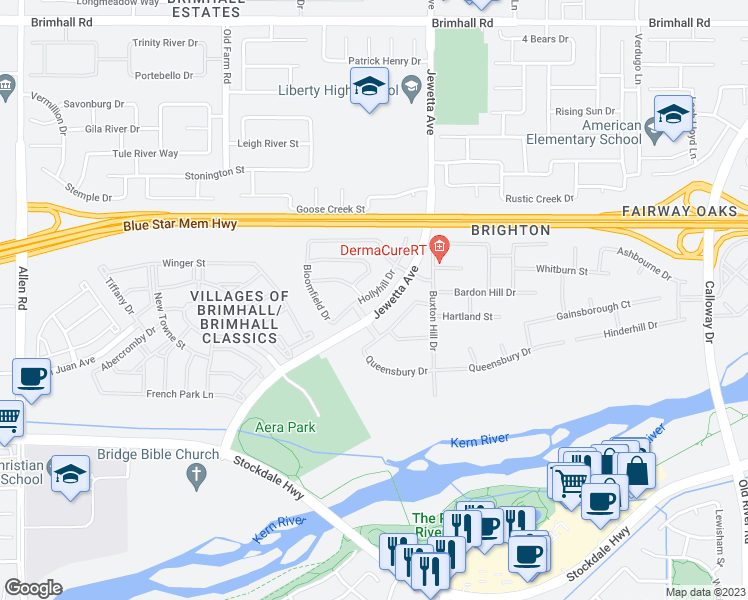 map of restaurants, bars, coffee shops, grocery stores, and more near 314 Hollyhill Drive in Bakersfield