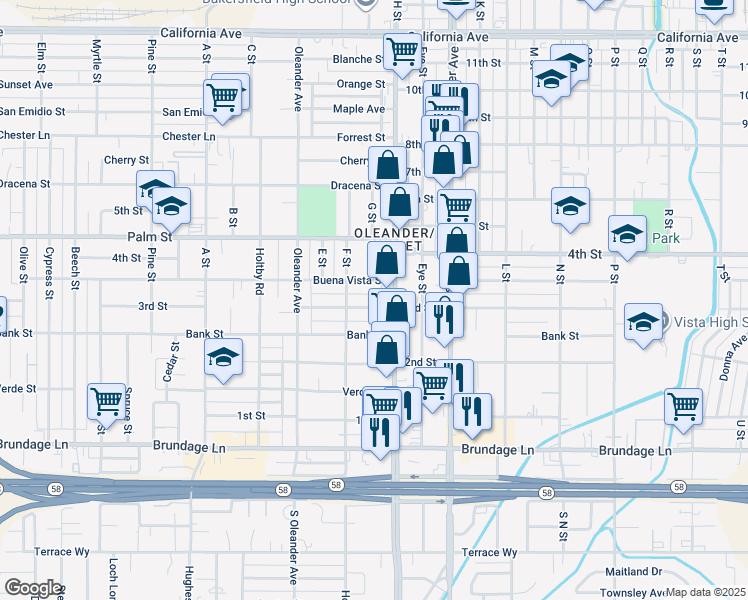map of restaurants, bars, coffee shops, grocery stores, and more near 1730 3rd Street in Bakersfield