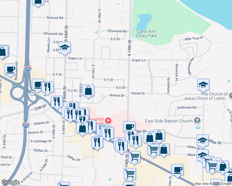 map of restaurants, bars, coffee shops, grocery stores, and more near 7124 South U Street in Fort Smith