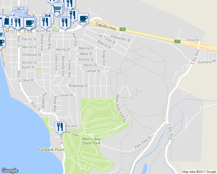 map of restaurants, bars, coffee shops, grocery stores, and more near 1000 Ridgeway Street in Morro Bay