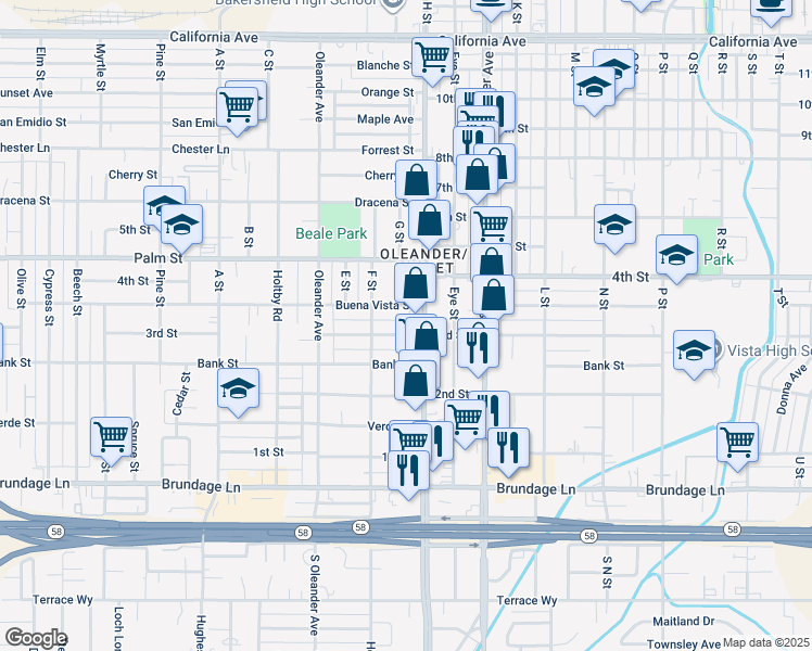 map of restaurants, bars, coffee shops, grocery stores, and more near 1715 Buena Vista Street in Bakersfield