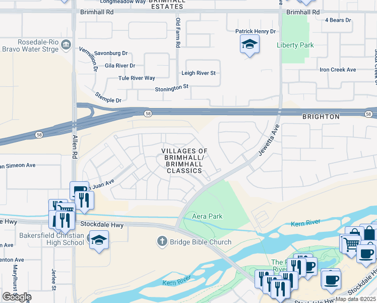 map of restaurants, bars, coffee shops, grocery stores, and more near 206 Cannongate Drive in Bakersfield
