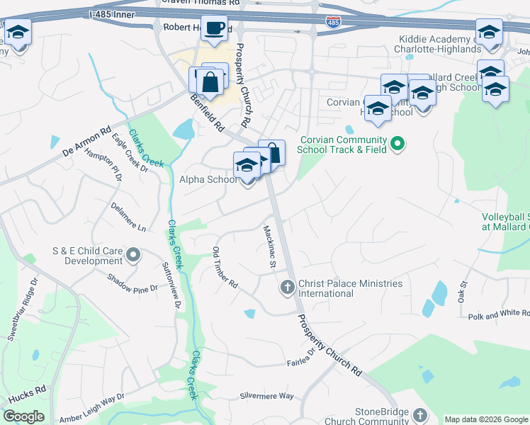 map of restaurants, bars, coffee shops, grocery stores, and more near 5132 Stone Park Drive in Charlotte