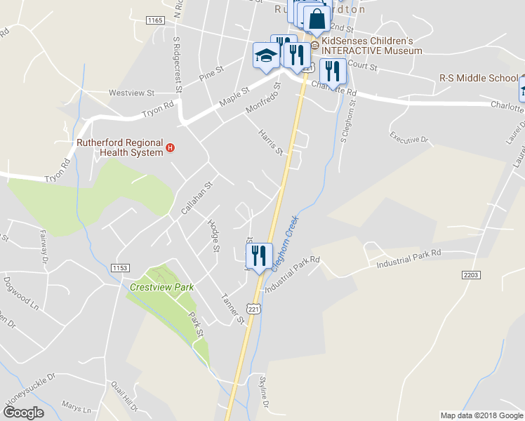 map of restaurants, bars, coffee shops, grocery stores, and more near 135 Lynch Street in Rutherfordton