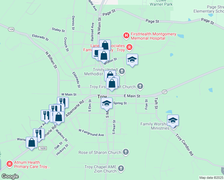 map of restaurants, bars, coffee shops, grocery stores, and more near 115 East Chestnut Street in Troy