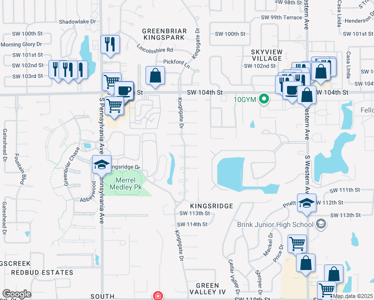 map of restaurants, bars, coffee shops, grocery stores, and more near 11000 Kingsgate Drive in Oklahoma City