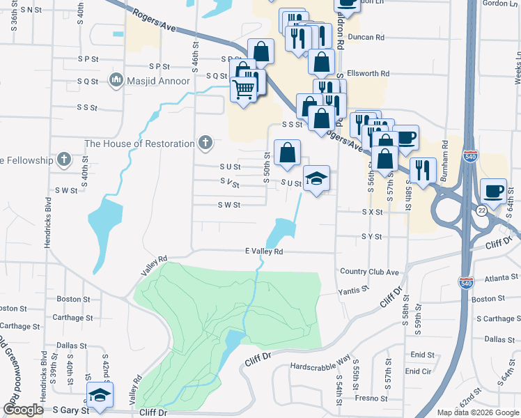 map of restaurants, bars, coffee shops, grocery stores, and more near 2401 South 50th Street in Fort Smith