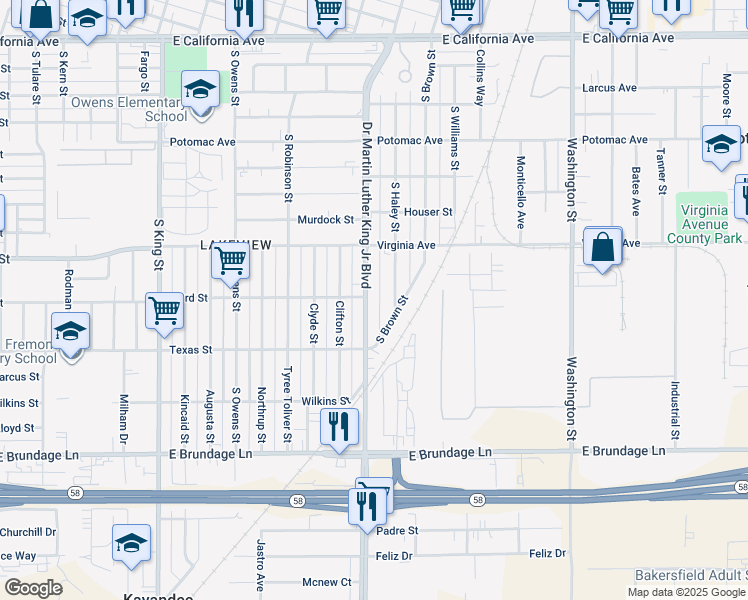 map of restaurants, bars, coffee shops, grocery stores, and more near 302 South Haley Street in Bakersfield