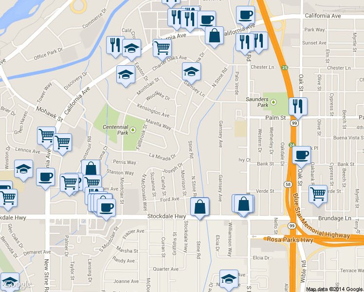 map of restaurants, bars, coffee shops, grocery stores, and more near 223 North Stine Road in Bakersfield