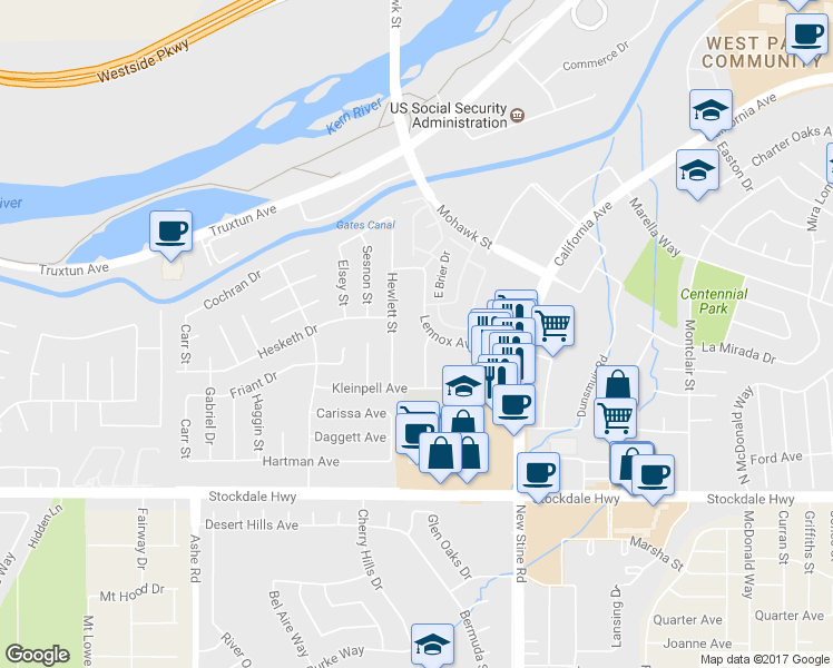 map of restaurants, bars, coffee shops, grocery stores, and more near 604 Hewlett Street in Bakersfield